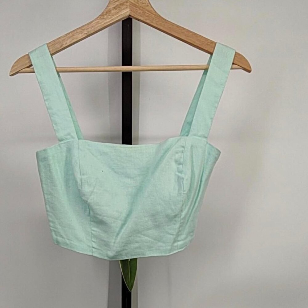 New! FARM Rio Linen  Wide Strap Solid Linen Crop Top Light Green Sz  S #63